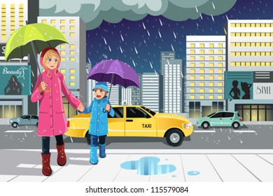 A vector illustration of a mother and a daughter walking in the rain in the city