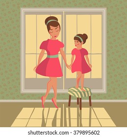 Vector illustration. Mother and daughter at the window in the same dresses admire each other