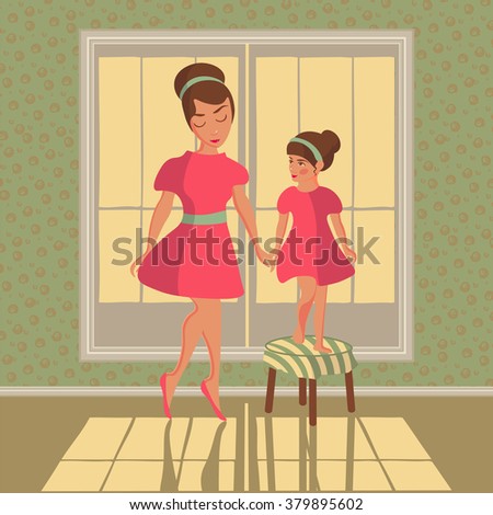 Vector illustration. Mother and daughter at the window in the same dresses admire each other