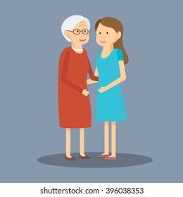 Vector illustration mother and daughter/Adult daughter and elderly mother are embracing/Flat design/Two generations of women adult daughter and her elderly mother. Happy mothers day