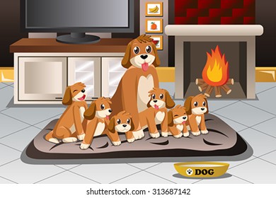 A vector illustration of a mother dog with her little puppies around her