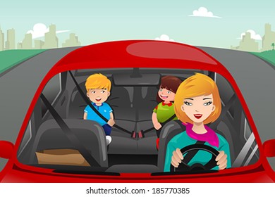 A vector illustration of mother driving with her children riding in the back wearing seatbelts