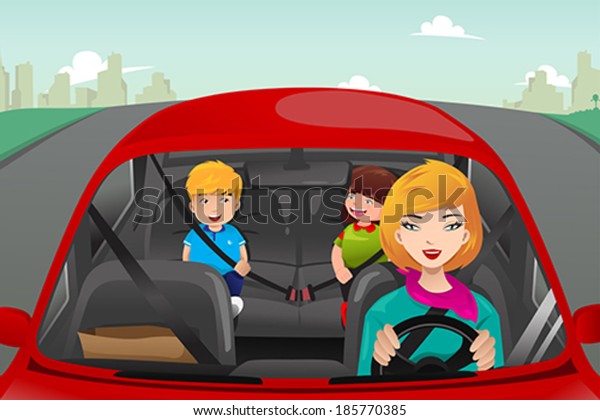 A vector illustration of\
mother driving with her children riding in the back wearing\
seatbelts