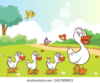 vector illustration of mother duck and baby ducks