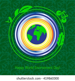 Vector illustration of of mother earth globe with the bike, bird and green leaves for World Environment Day.