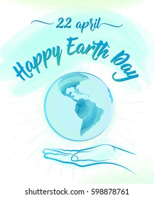 Vector illustration of mother earth globe and human hand, background for happy Earth day with text sign
