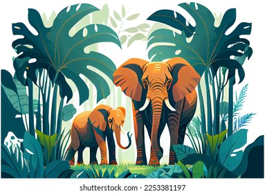 vector illustration of mother elephant and her cub in the jungle.