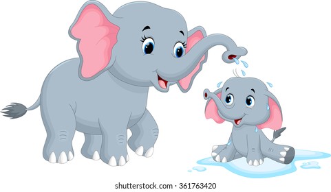 Vector illustration of mother elephants bathing her child
