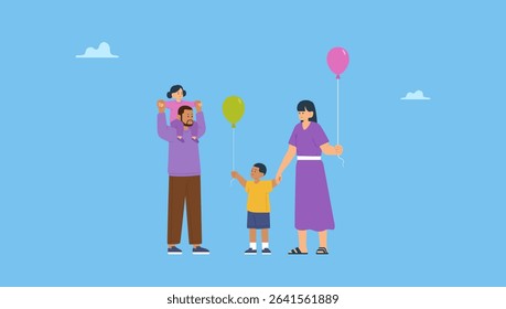 Vector illustration of mother, father and child, toddler. Happy diverse family, parents and children with balloons. Mom, dad and kids standing together, smiling, hugging, celebrating holiday fun.