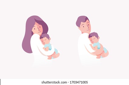 Vector Illustration Of Mother and Father Holding Baby Son In Arms. 