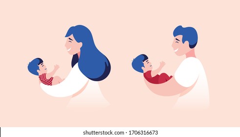 Vector Illustration Of Mother and Father Holding Baby Son In Arms. 