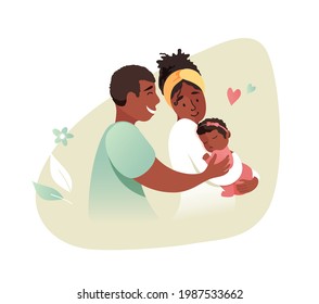 Vector Illustration Of Mother and Father Holding Baby Daughter In Arms. Happy Afro-American Family concept.