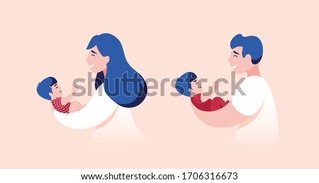 Vector Illustration Of Mother and Father Holding Baby Son In Arms. 