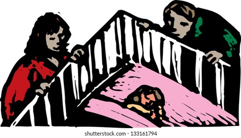 Vector illustration of mother and father watching baby sleeping