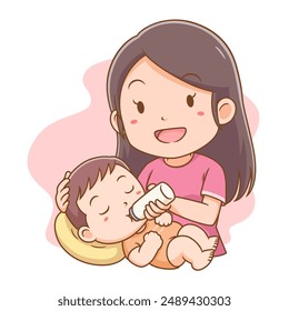 Vector illustration of mother feeding baby a bottle of milk. Happy Mother's Day.