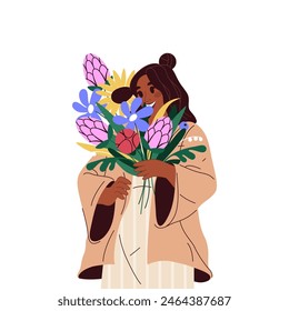 Vector illustration of mother with flower. Card or sign with woman and bouquet. Cartoon happy mom with summer plant blossom. Card element for valentine or international women day. Female holiday