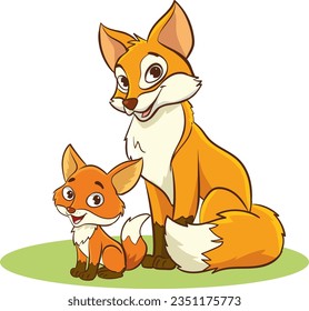 vector illustration of mother fox and baby fox