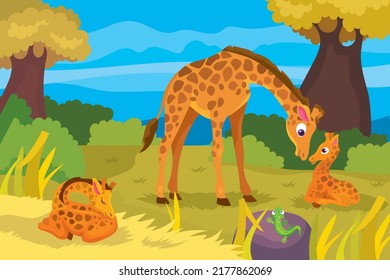 Vector illustration of mother giraffe with baby giraffes in the savannah