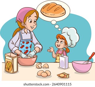 Vector illustration of mother and girl making cake or bread in the kitchen