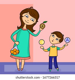 Vector illustration mother gives her son oranges