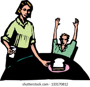 Vector illustration of mother giving son a sandwich for lunch