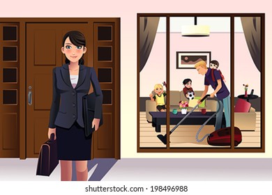 A vector illustration of mother going to work while father doing housework