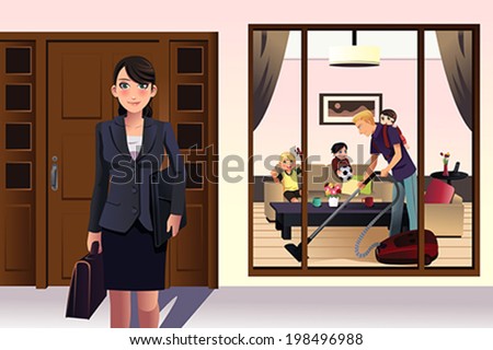 A vector illustration of mother going to work while father doing housework