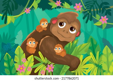 Ilustración vectorial de la madre gorila lleva a sus bebés a través de la jungla