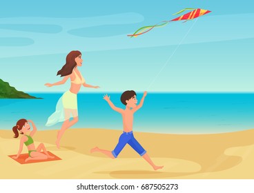 Vector illustration of mother having fun with children on beach and playing with kite.
