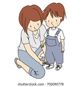Vector illustration of mother helping cute little child tie shoelaces. Family concept - happy mother's day card, early childhood development. Cartoon drawing style, isolated on white background. svg