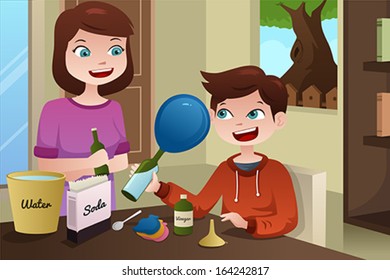 A Vector Illustration Of A Mother Helping Her Son Build A Science Project