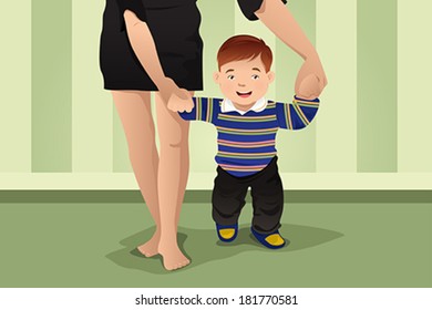 A vector illustration of  mother helping her baby boy learning to walk