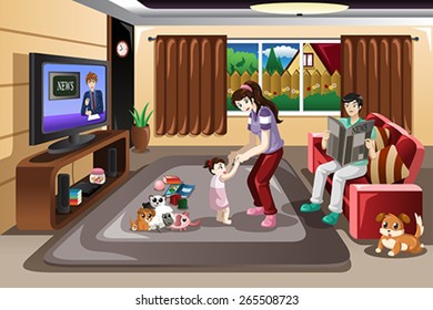 A vector illustration of mother helping her baby girl learning to walk