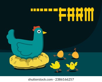 vector, illustration, mother hen, chicks, chicken farm
