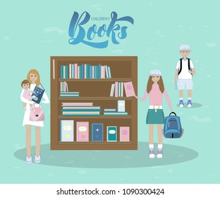 Vector illustration of mother and her baby,a boy with book and a girl with book in book shop or library. With inscription childrens books. Bookcase. Asa banner, print, logo, icon, tag for journal