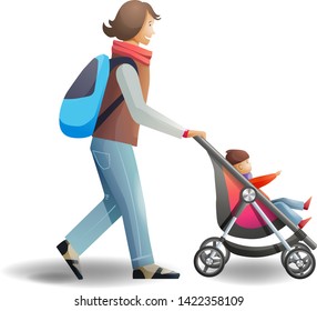 Vector illustration. Mother and her child walking on the street.