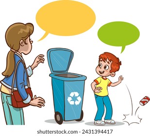 Vector illustration of mother and her child throwing garbage into the trash can.