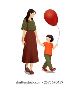 A vector illustration of a mother and her child walking hand in hand while holding a red balloon. The mother wears a green top and striped skirt, while the child is dressed in an orange shirt and