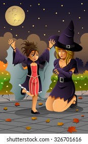 A vector illustration of mother and her daughter wearing Halloween costumes