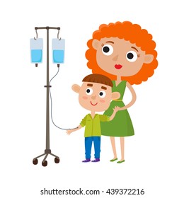 Vector illustration mother with her sick little son isolated on white background. Happy boy with lovely mom recovers from a bad disease. Treatment with drop counter