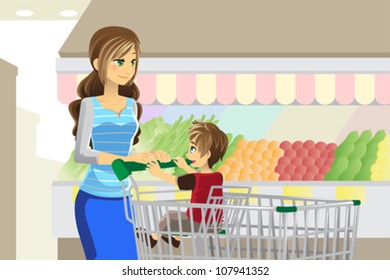 A vector illustration of a mother and her son going grocery shopping