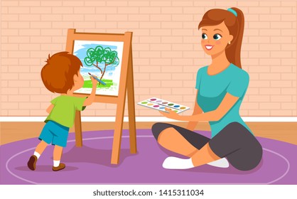 Vector illustration of mother and her son painting on the easel.