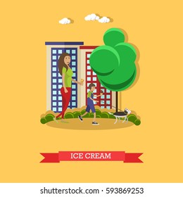 Vector illustration of mother with her son eating ice cream cones. Little boy walking dog. Cartoon characters. Amusement park, recreation concept design element in flat style.