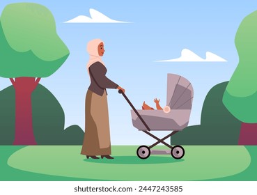 Ilustración vectorial de una madre en un hijab empujando suavemente un cochecito en un parque sereno. El cielo, las nubes, los árboles y la hierba crean un ambiente pacífico para la maternidad y el cuidado.