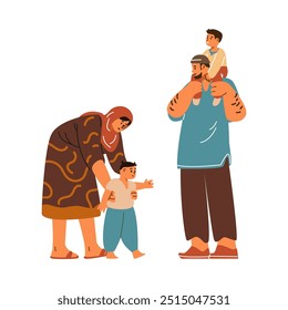 Vector illustration of mother in hijab, her husband and children sharing moments together. Family characters are depicted in flat cartoon style on isolated background.