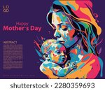 Vector Illustration Of Mother Holding Baby Son In Arms. Happy Mother`s Day Greeting Card.