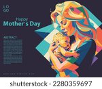 Vector Illustration Of Mother Holding Baby Son In Arms. Happy Mother`s Day Greeting Card.