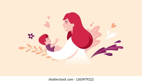 Vector Illustration Of Mother Holding Baby Son In Arms. Floral Background.