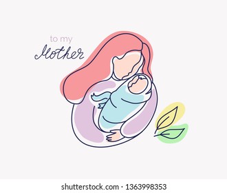 Vector Illustration Of Mother Holding Baby In Arms. Happy Mother`s Day Greeting Card.