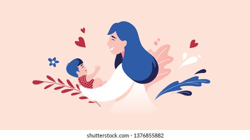 Vector Illustration Of Mother Holding Baby Son In Arms. Floral Background.